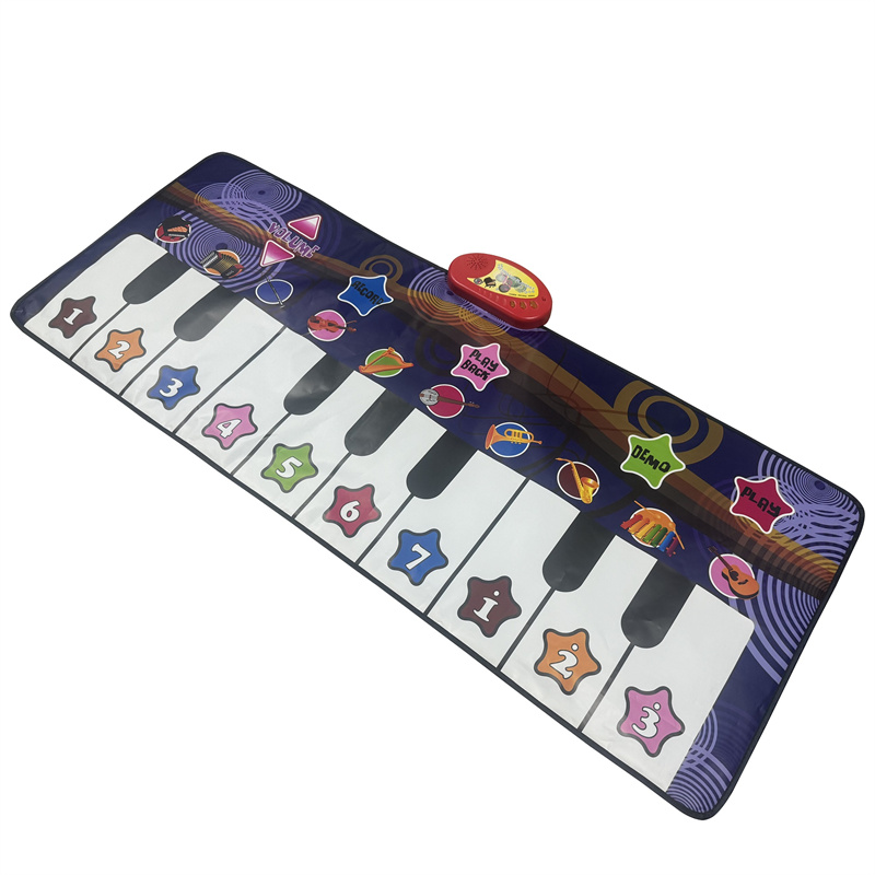 Child happily jumping on a colorful piano playmat on the living room floor